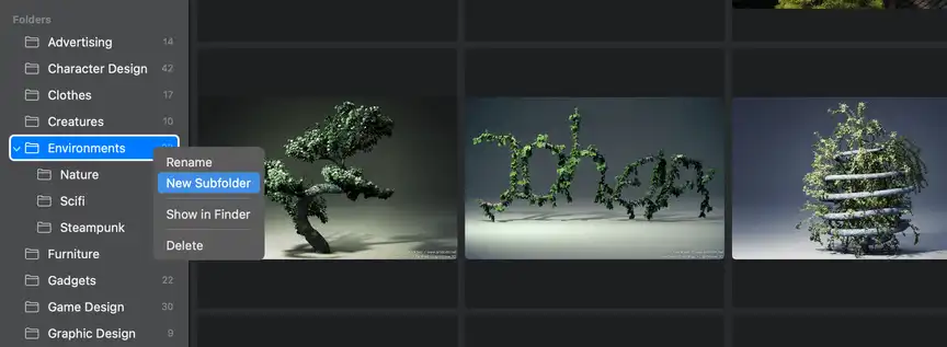 Zenspire sidebar showing folders and context menu